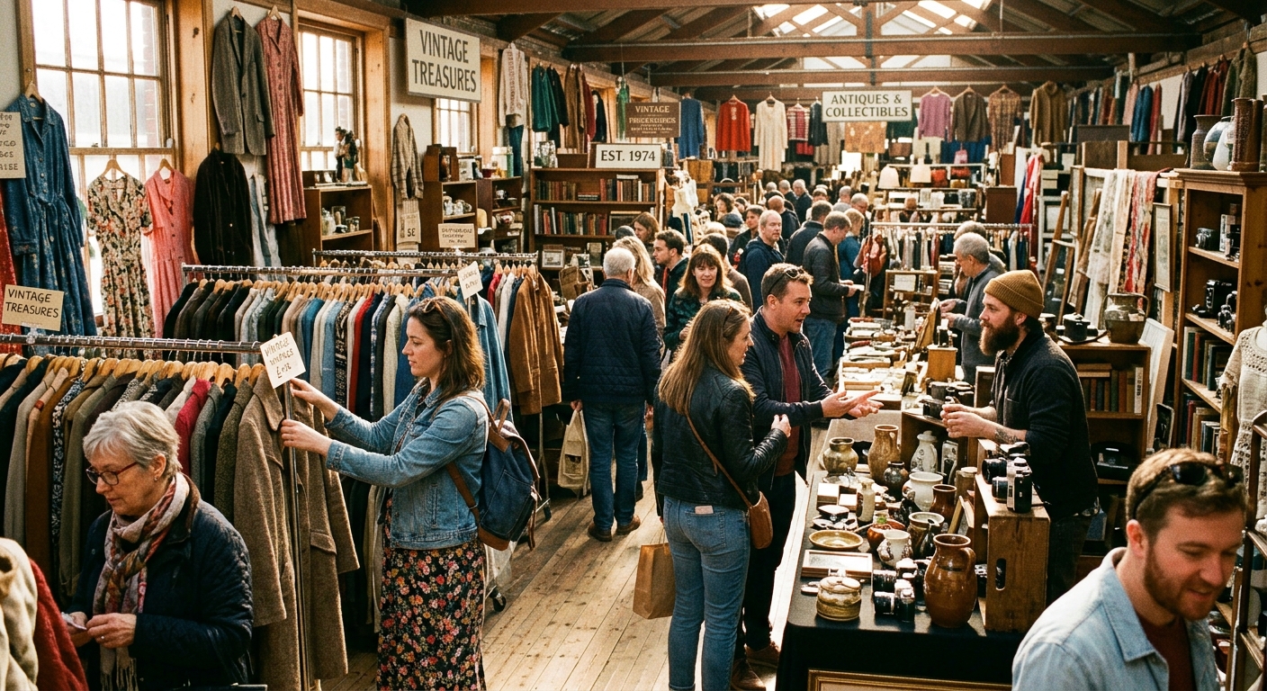 Crowded flea market with vintage clothes and antiques