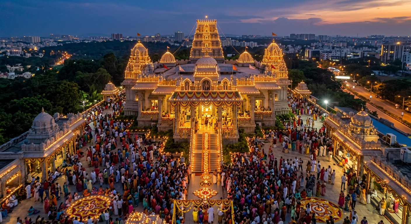 ISKCON Bangalore temple on Hare Krishna Hill illuminated at night during Janmashtami