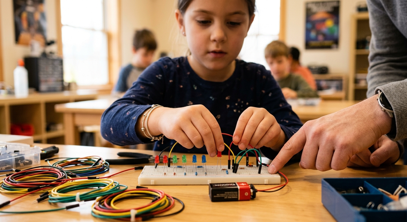 Girl experimenting with circuits and electronics components in a STEM workshop