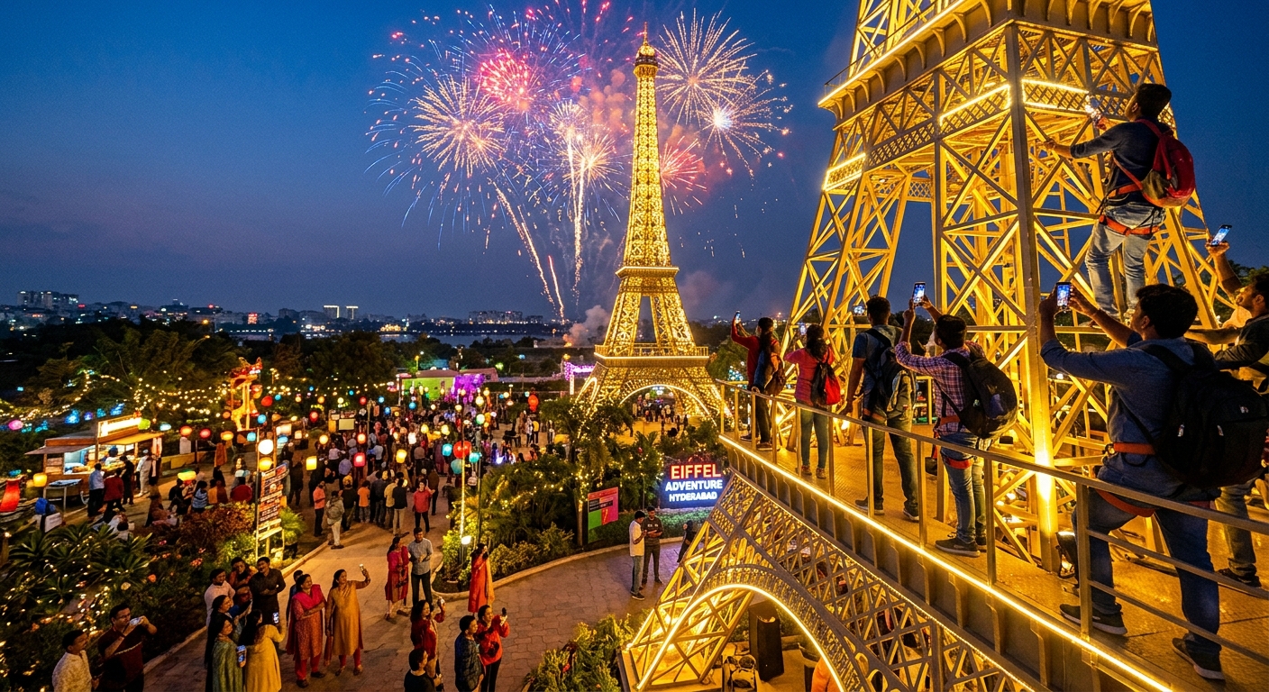 Eiffel Tower replica lit up at dusk at Parix Cream in Hyderabad's Financial District, with visitors climbing and taking photos during a fireworks display.
