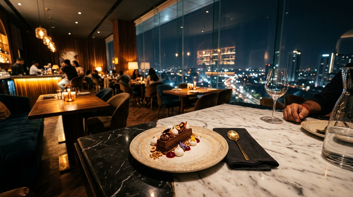 Plated artisanal dessert in a moodily lit upscale Jubilee Hills café