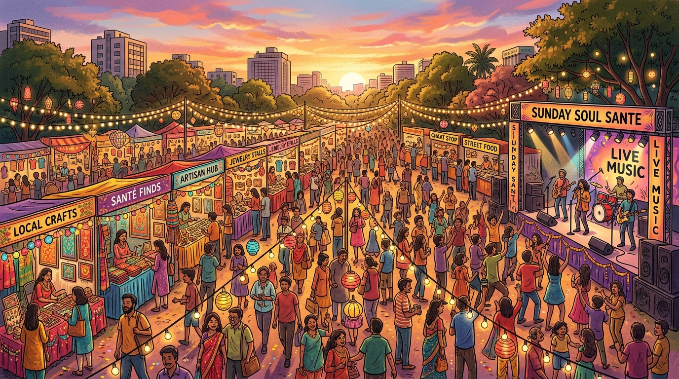 A bustling Bengaluru flea market at sunset with colorful stalls, live music, and a diverse crowd enjoying the evening.