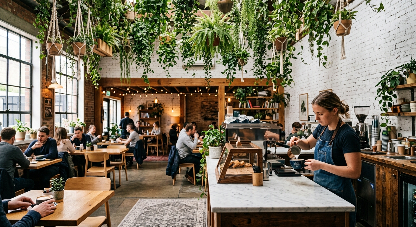 Bright, greenery-filled café interior designed for content creation in Jubilee Hills