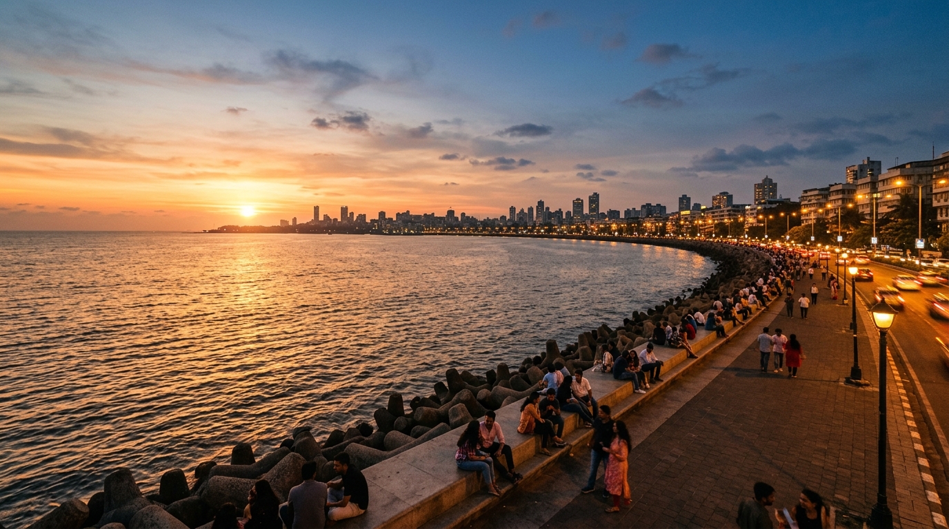 Couples watching sunset along Marine Drive in Mumbai