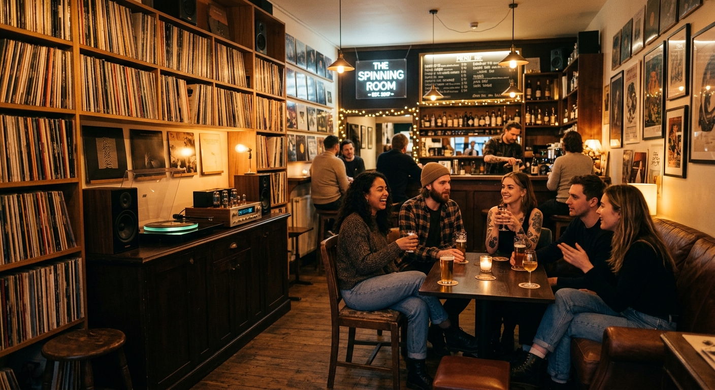 Gen Z friends socializing in a warm, intimate vinyl listening bar with a turntable and record shelves.