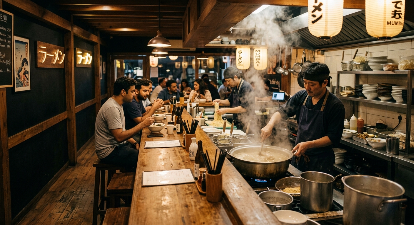 Interior of a minimalist Japanese ramen bar in Mumbai with an open kitchen