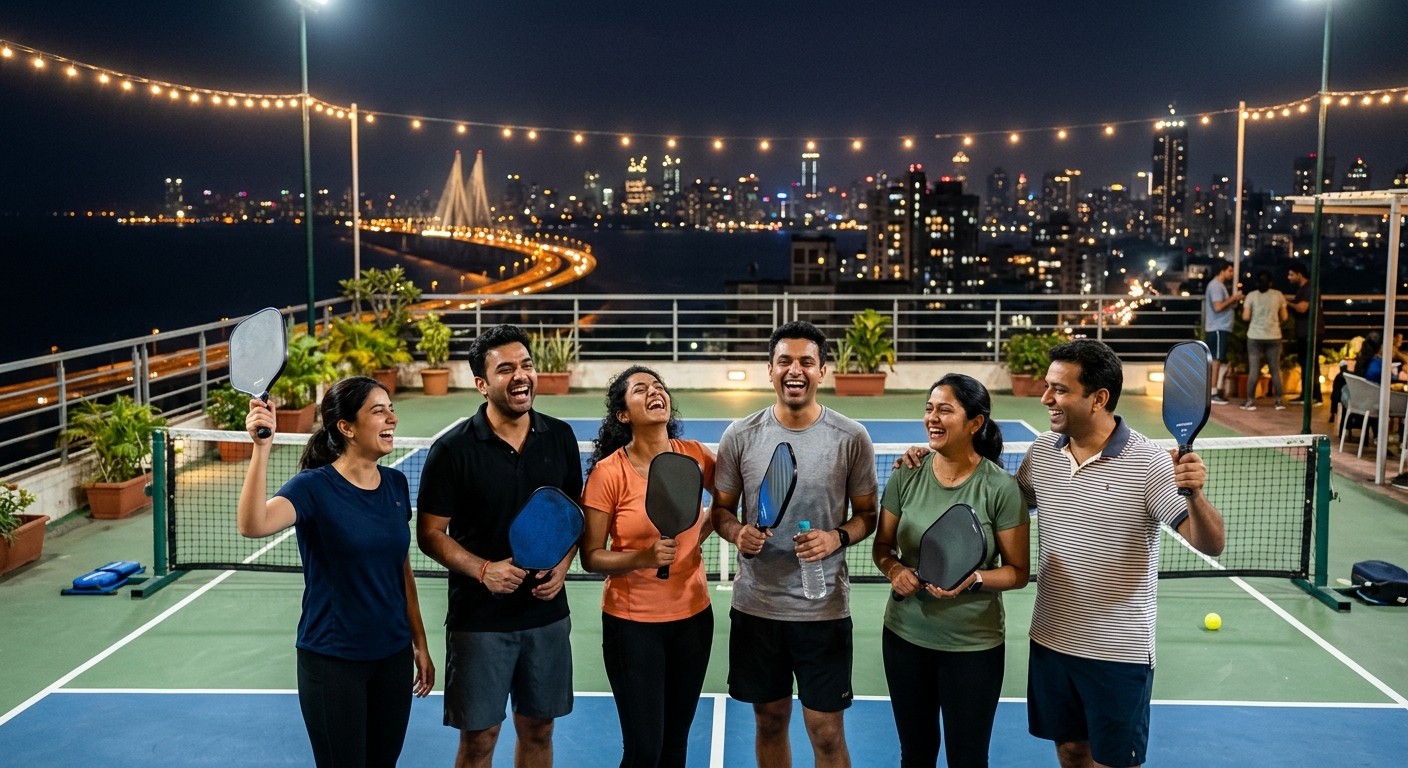 Friends socializing at a Bandra pickleball court