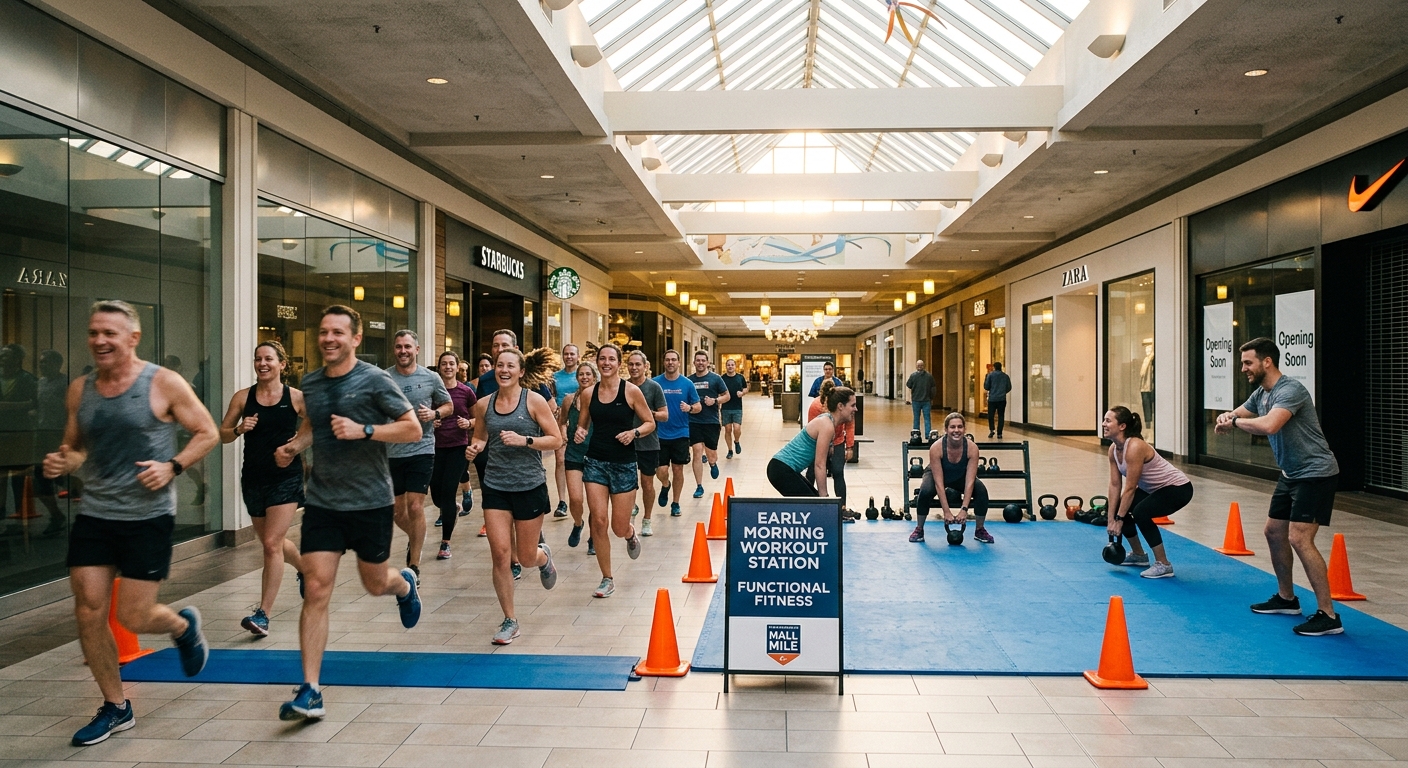 Monsoon Move Fest participants running through Sky City Mall with functional station