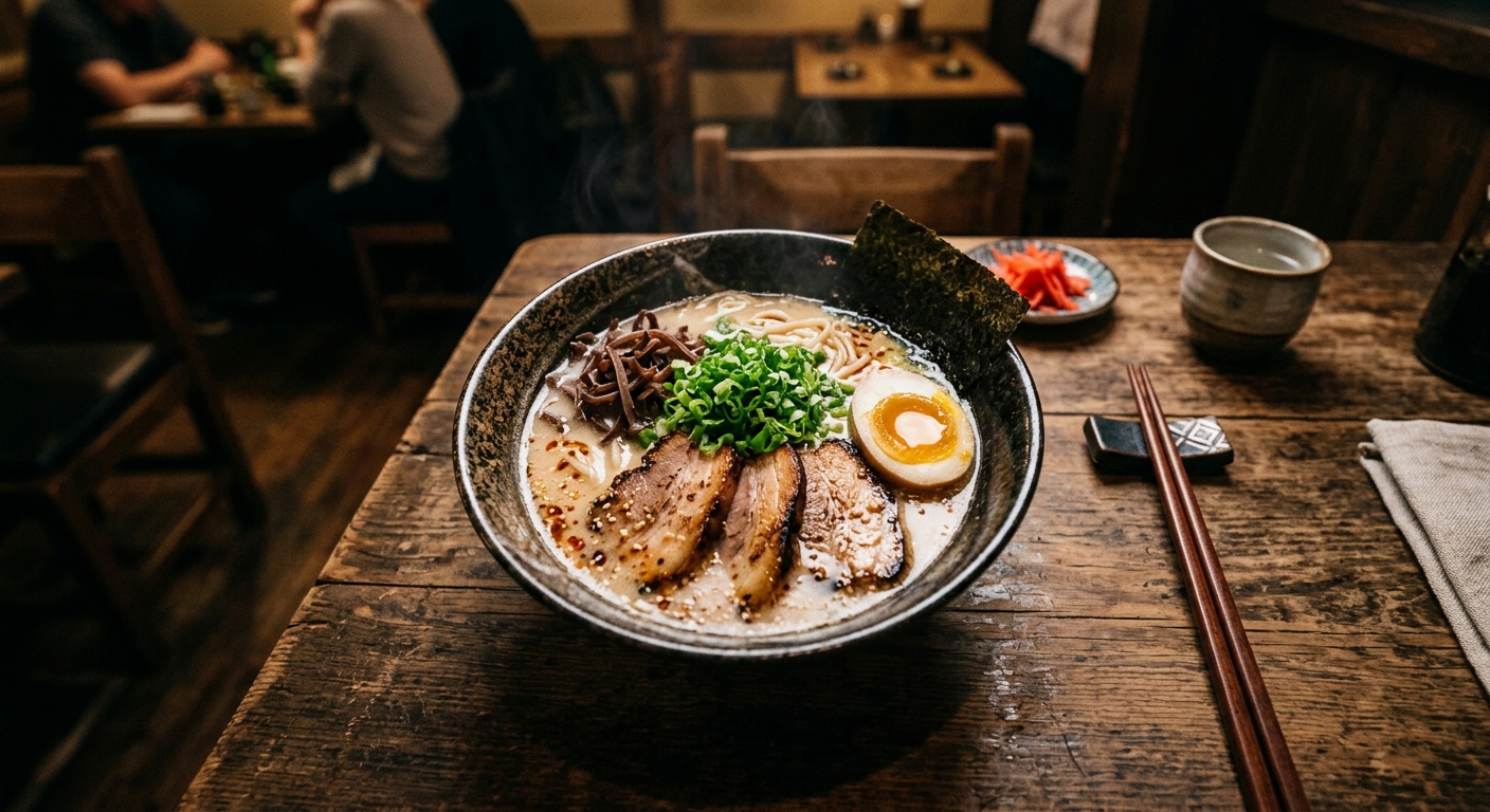 Overhead shot of a classic tonkotsu ramen bowl at a top Mumbai restaurant