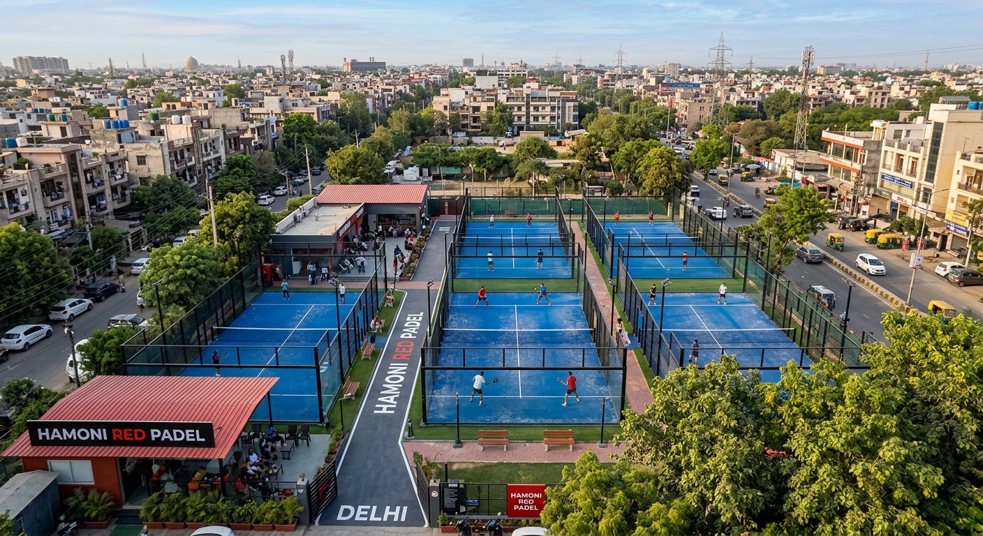 Aerial view of Hamoni Red Padel courts in Delhi with players in a doubles match.