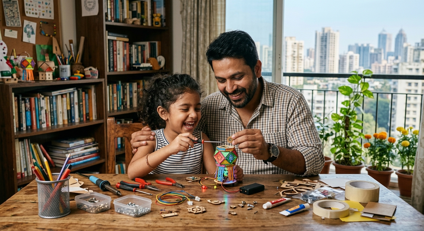 Parent and child collaborating on a STEM maker project at home or in a community lab