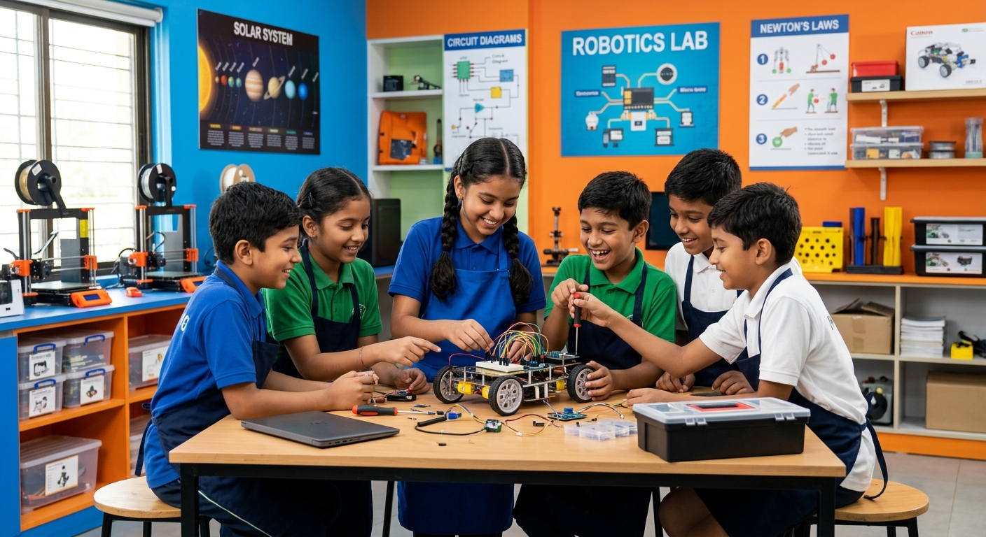 Children building a robot together during a STEM workshop in Mumbai