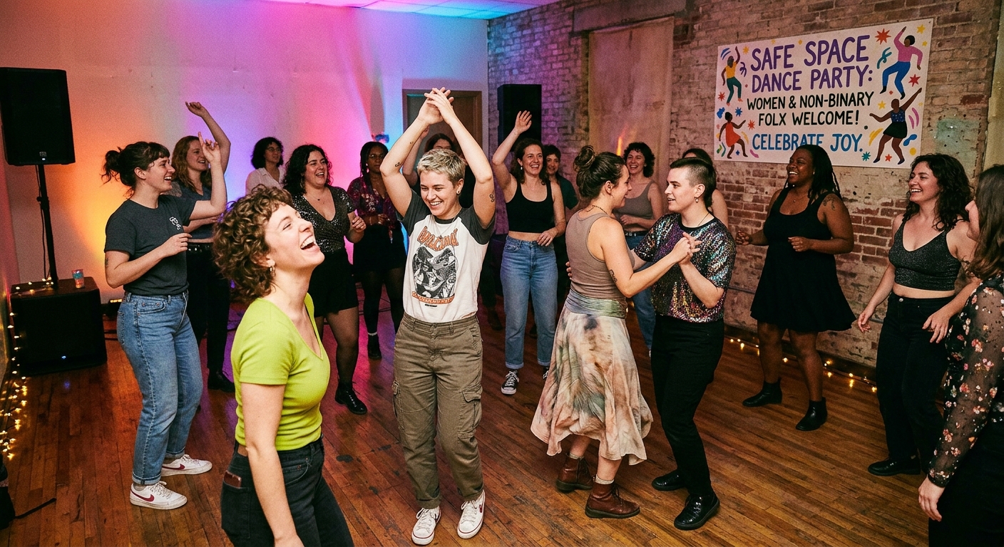 A diverse group of women and non-binary people dancing happily at a safe, women-only nightlife event.