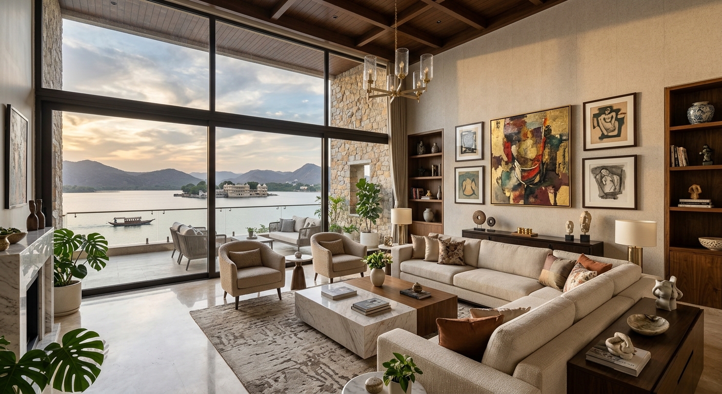 Contemporary living space with lake views inside a private villa on Jaisamand Lake