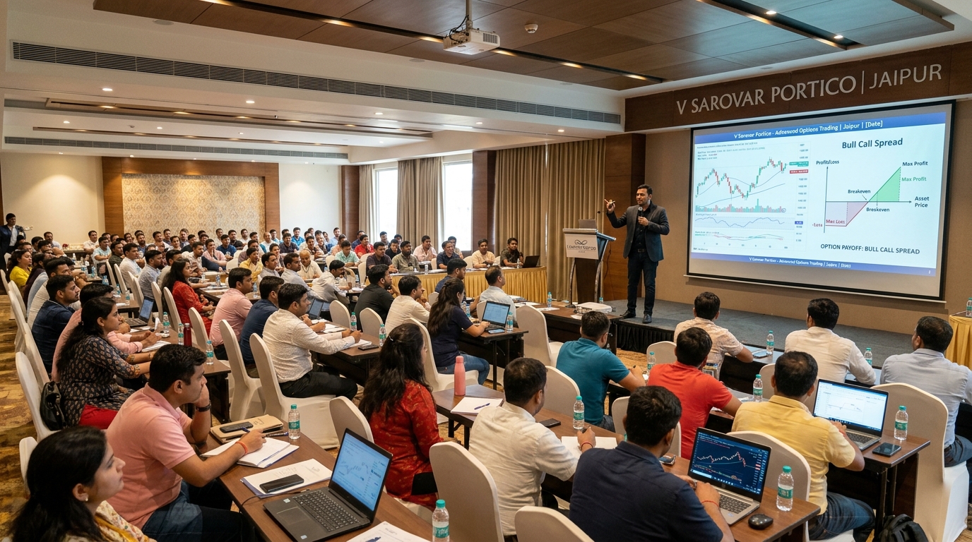 Participants at the Technical Analysis & Options Strategies bootcamp in Jaipur watching a presentation on candlestick charts.