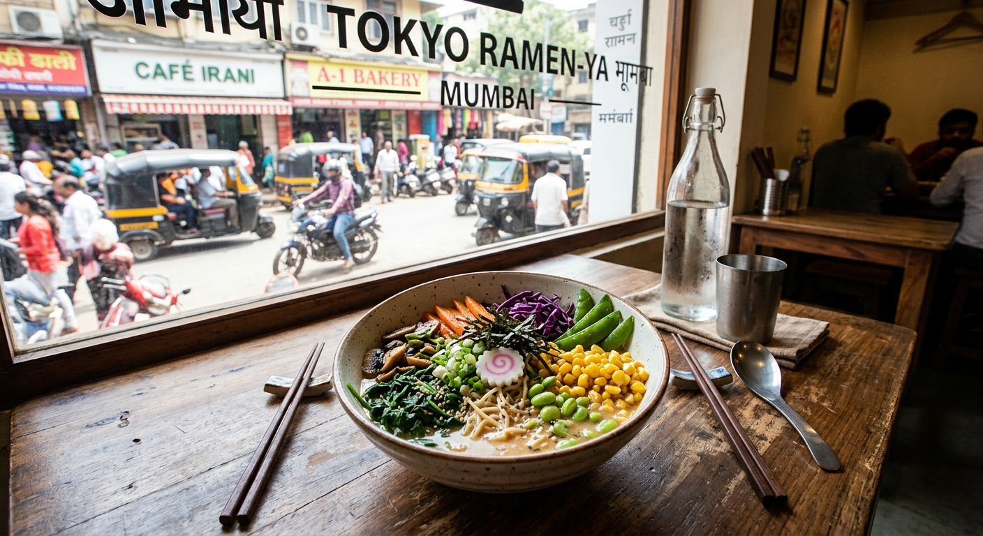 A vegetarian ramen bowl at a casual eatery in suburban Mumbai