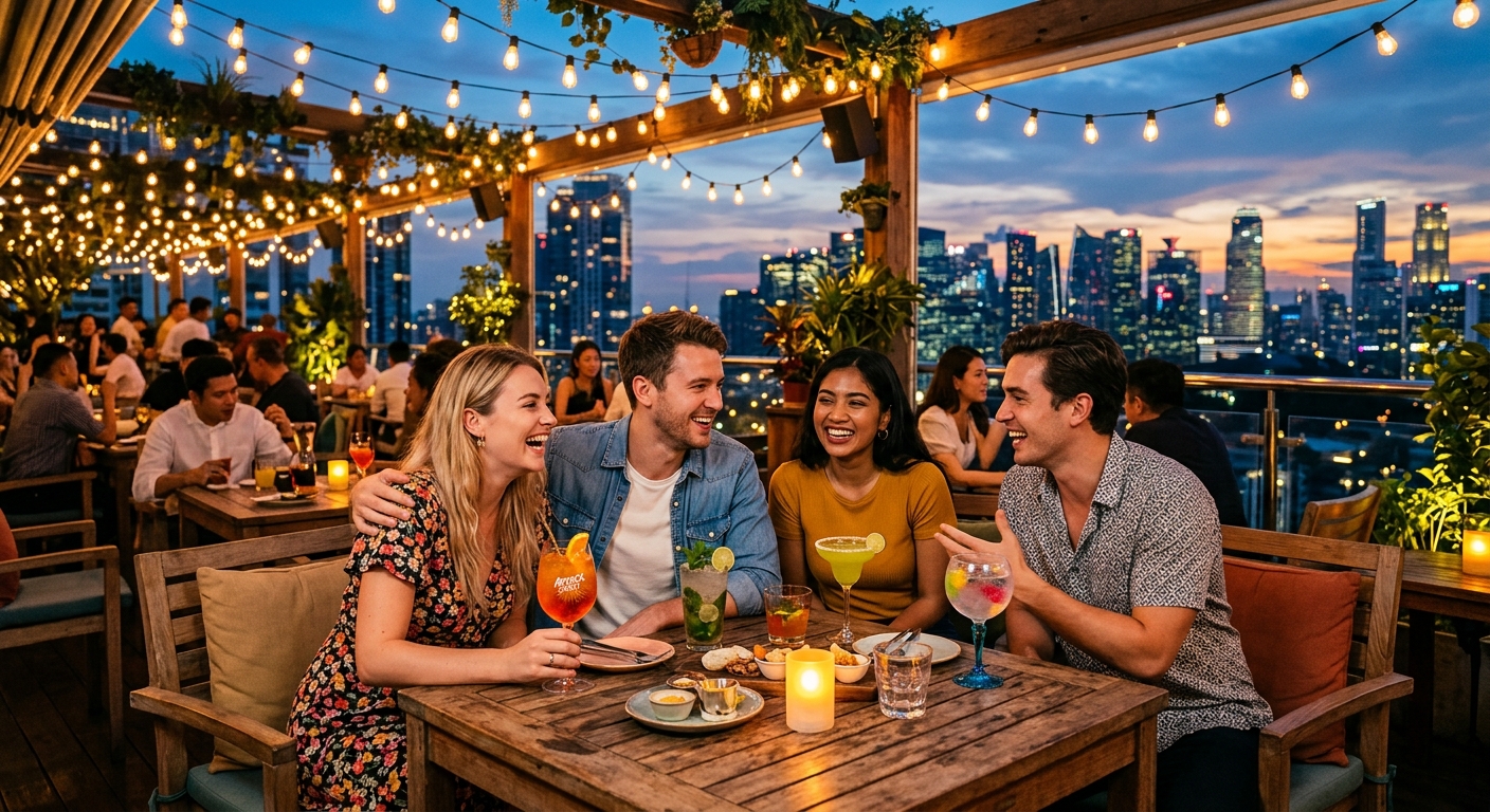 Friends enjoying a playful night out at a trendy Jubilee Hills rooftop bar hop