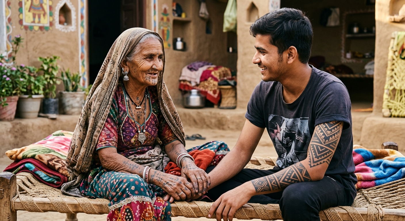 An elderly woman with traditional tribal tattoos sits with a young man with a modern tattoo.