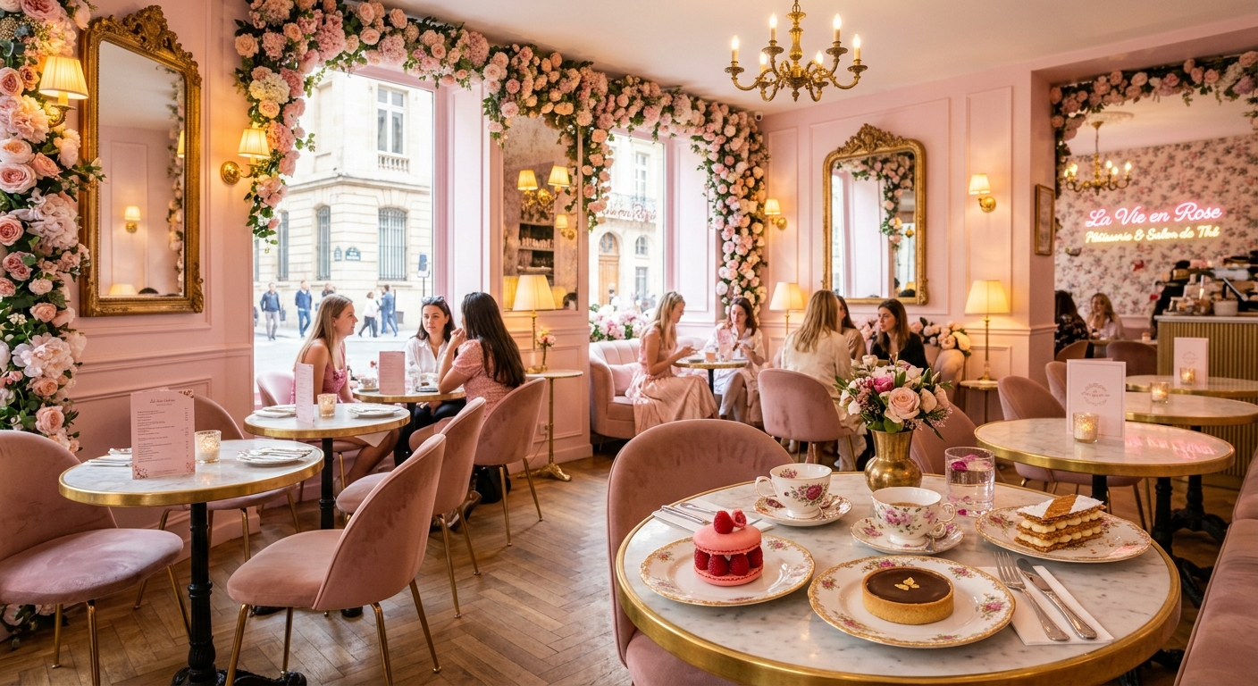 Pastel pink floral-themed interior of La Vie En Rose café in Hyderabad, with golden lamps and floral arches creating a dreamy Parisian aesthetic.