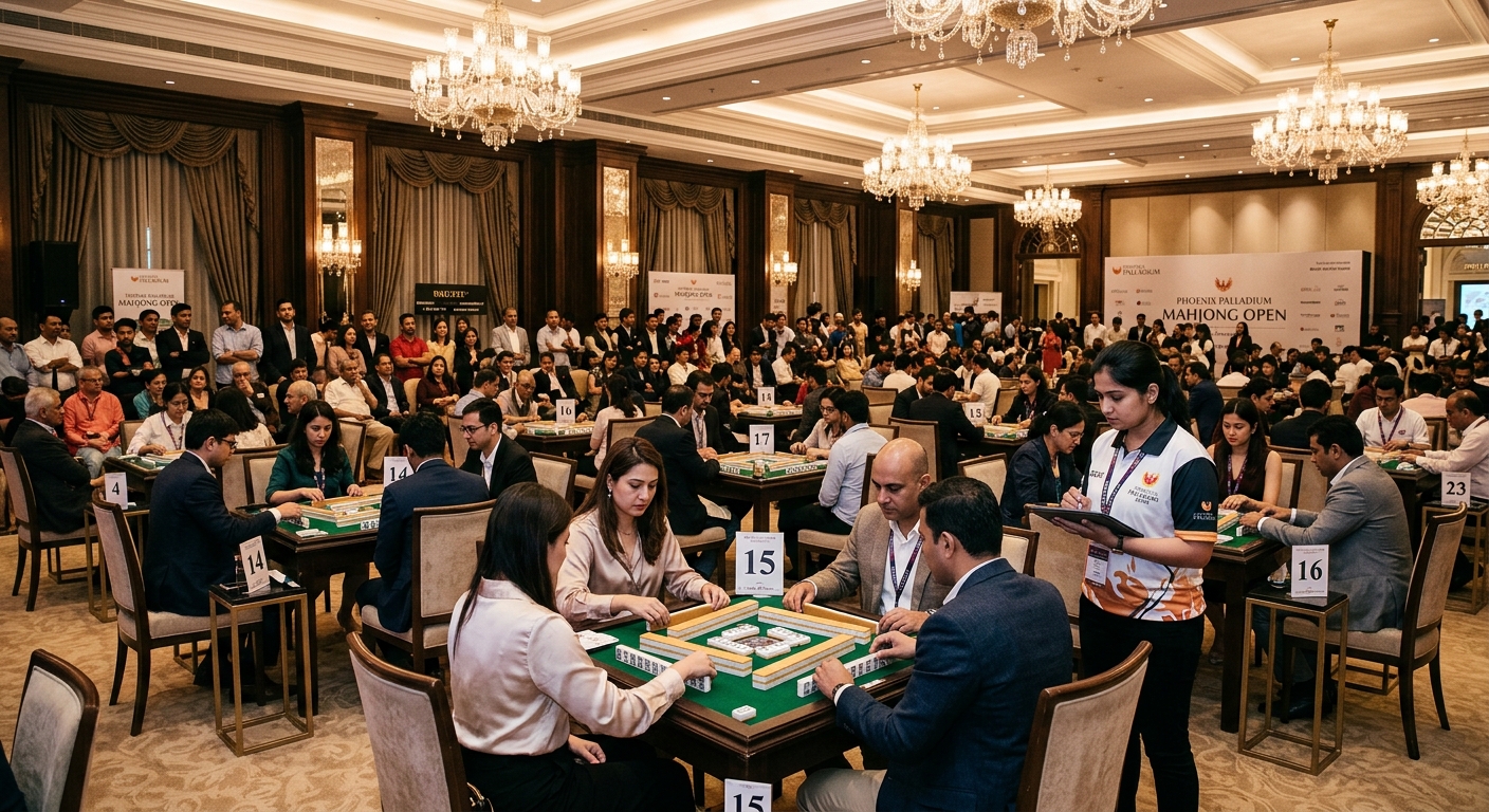 Competitive mahjong tournament in an upscale Mumbai venue with tables and official scorekeeping.