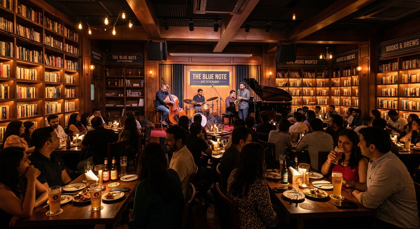 A live jazz quartet performs in the intimate, library-lined theatre at Windmills Craftworks Hyderabad.