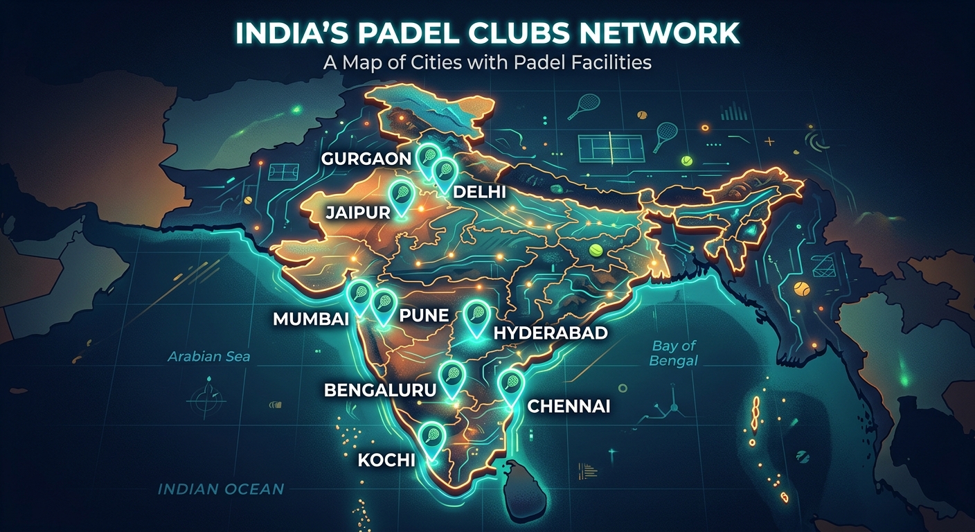 Map of India highlighting major cities with padel clubs.