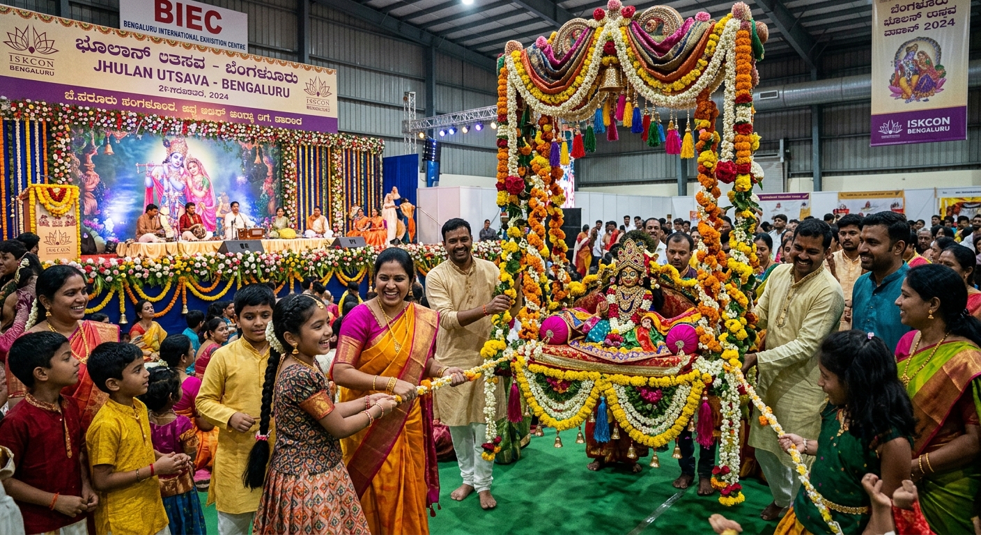 Families and children participating in a Jhulan Utsava swing ceremony for Laddu Gopal at a Janmashtami fair