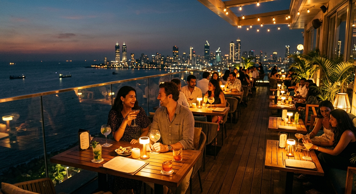 Rooftop bar in Mumbai with skyline and sea views for couples