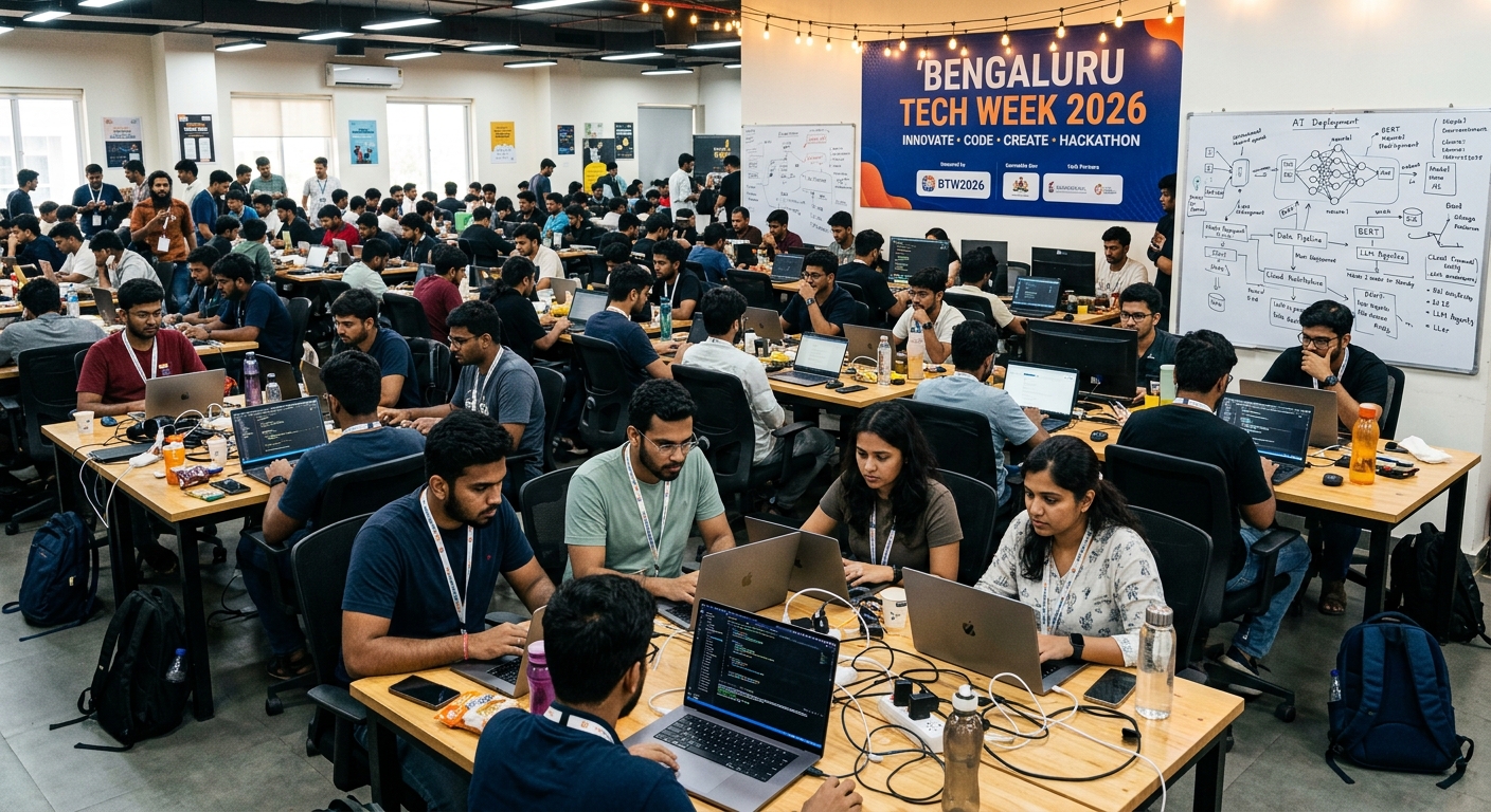 Developers collaborating at a hackathon during Bengaluru Tech Week 2026 in a co-working space.