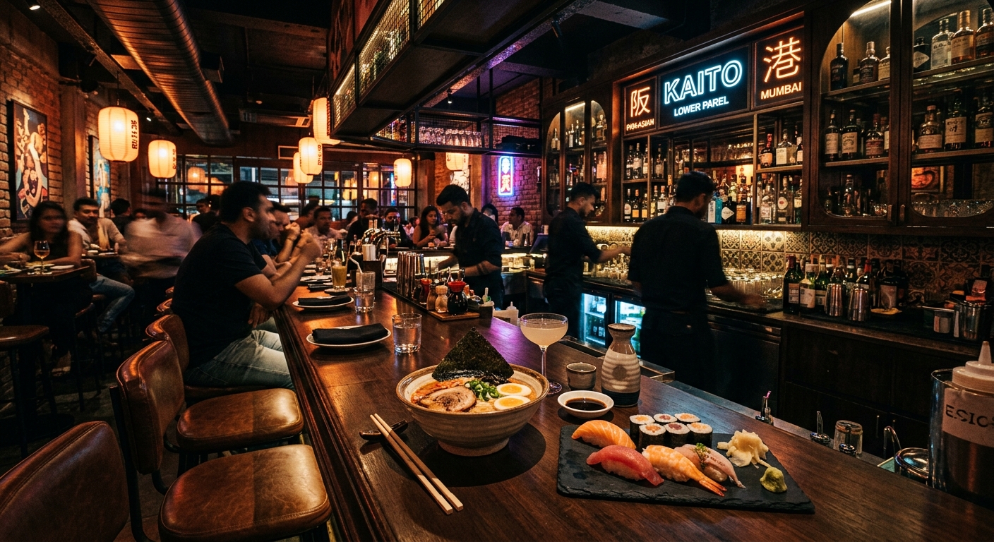 Yazu Pan Asian Supper Club interior with ramen bowls and modern decor in Mumbai.