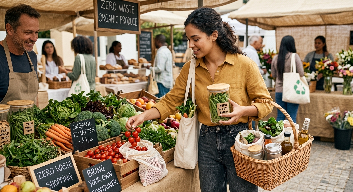 Eco-conscious shopping with reusable bags at an organic market.