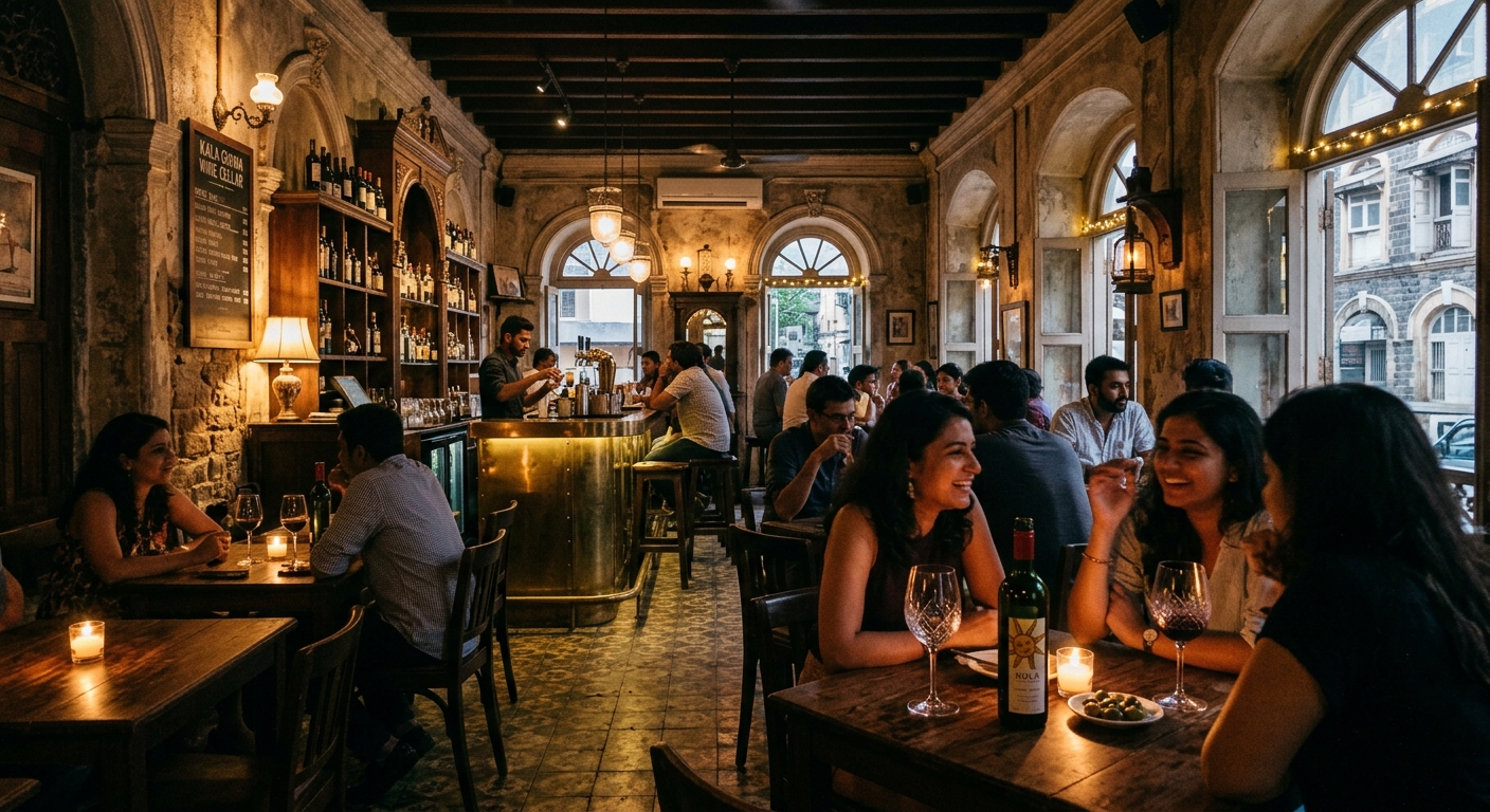 Wine glasses and bottles at Pique wine bar off Horniman Circle in Kala Ghoda