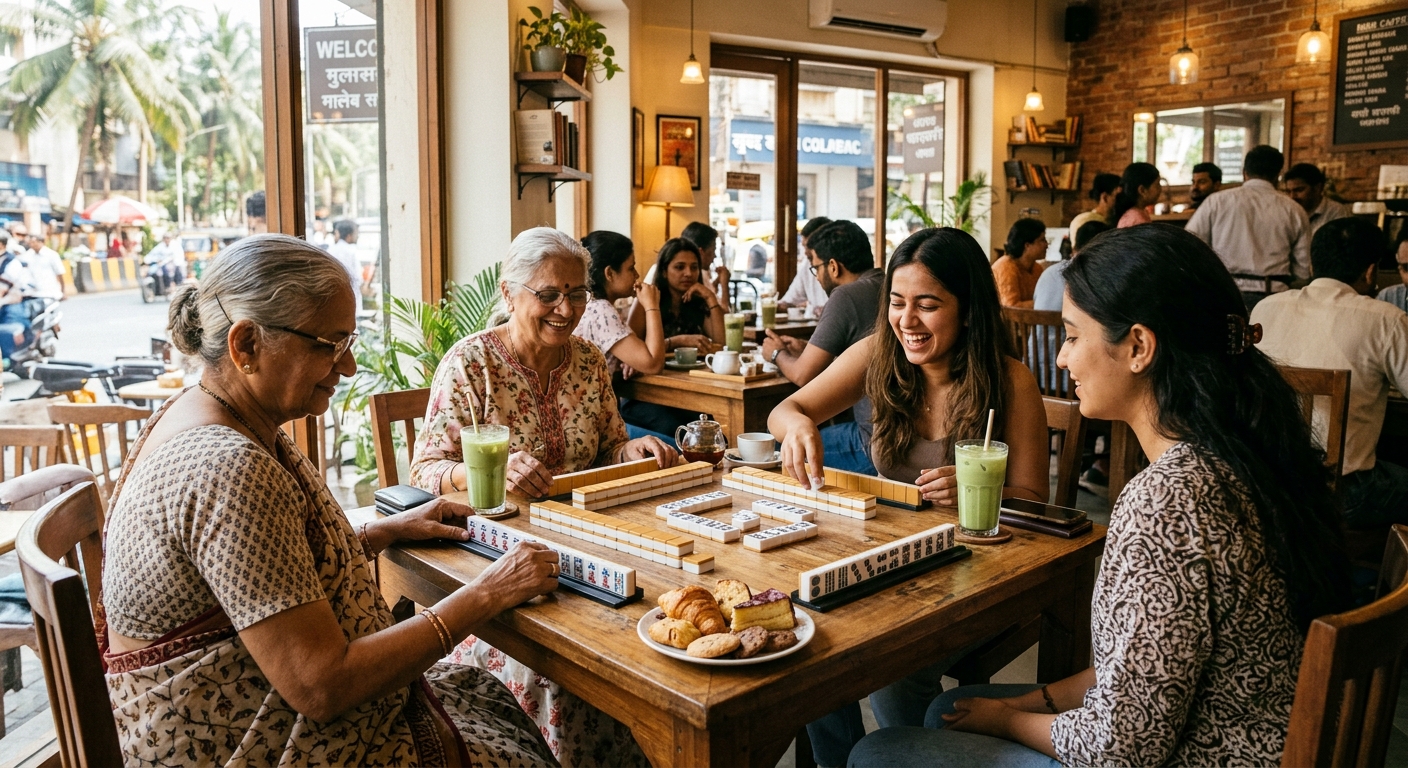 Mixed-age group playing mahjong at a bright Mumbai café, tiles and refreshments on table.