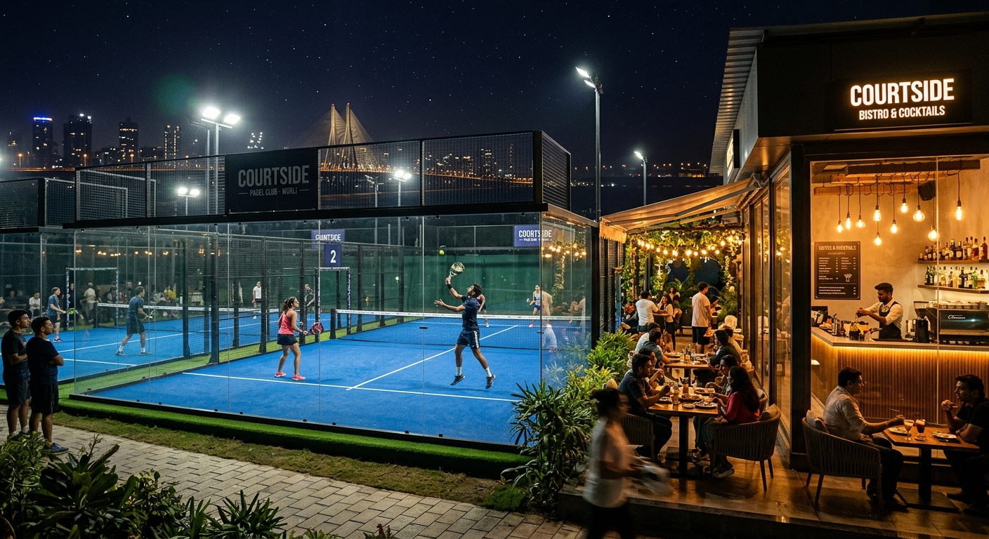 Players on glass padel courts at Courtside Worli, Mumbai, with a bistro and city lights in the background.