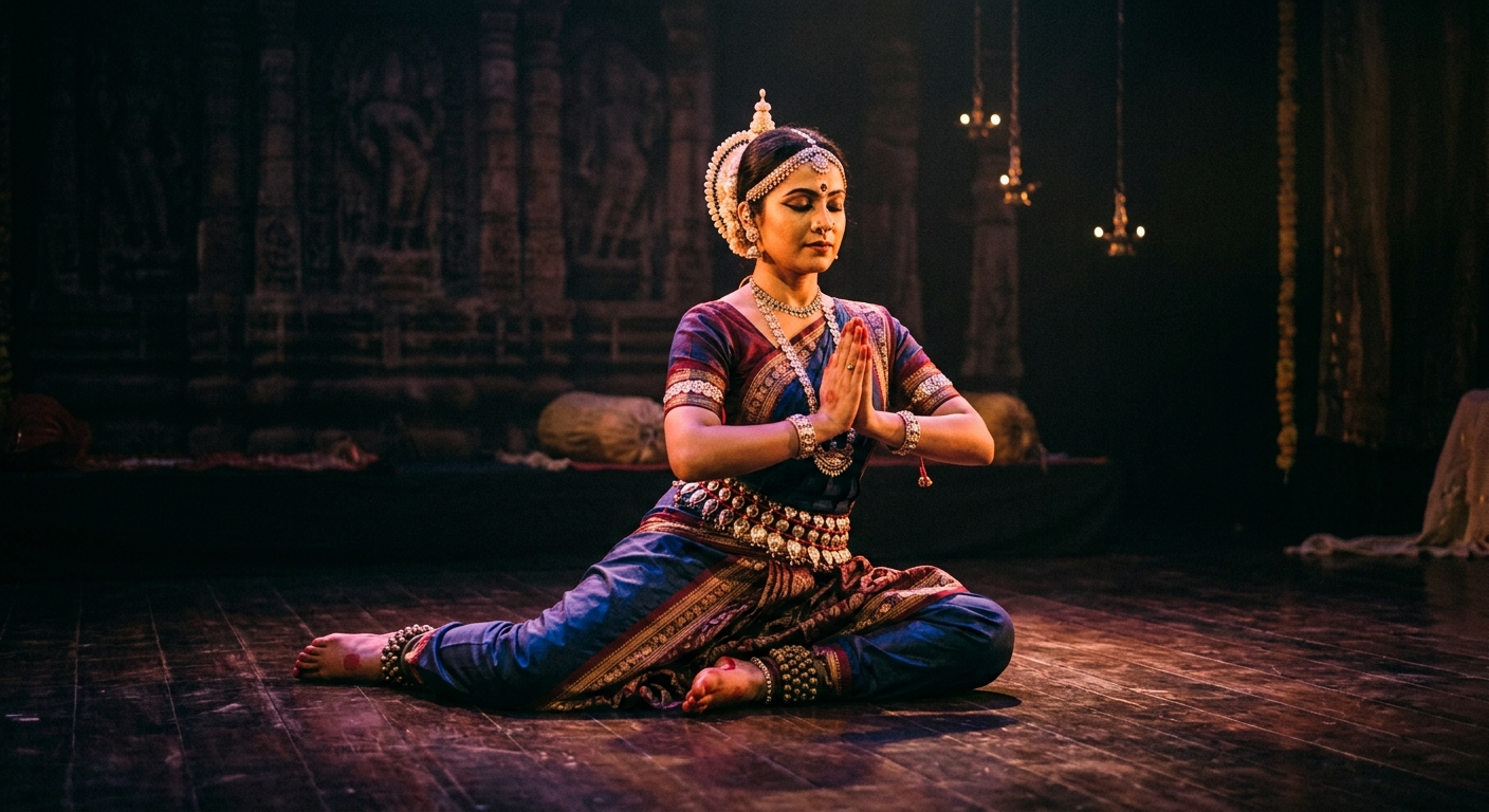 Dancer in classical Indian attire moving from a mudra into a yoga asana during Yoga in Dance performance.