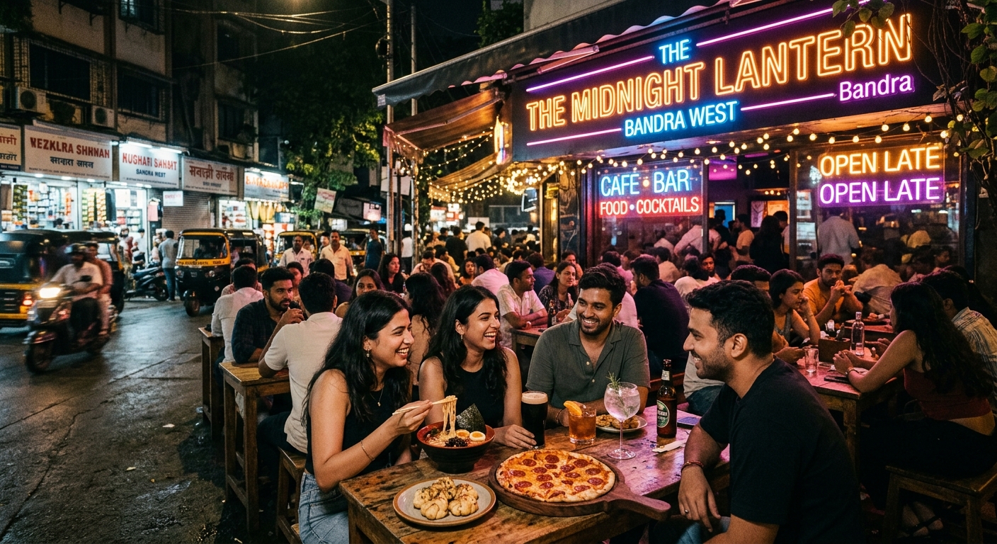 Late-night dining in Bandra West during Mumbai's August restaurant rush.