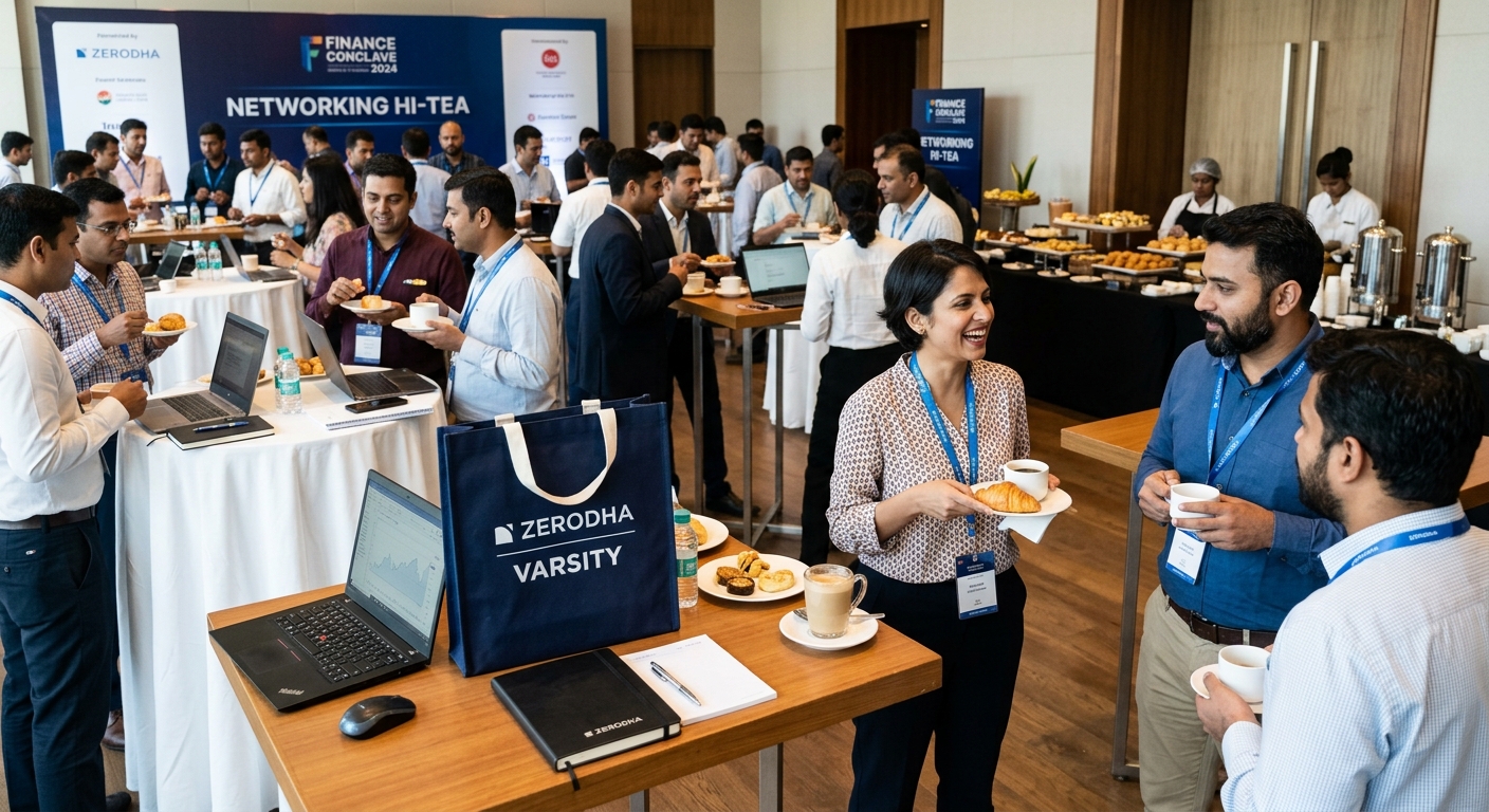 Bootcamp attendees networking over hi-tea, with learning materials and goodie bags.