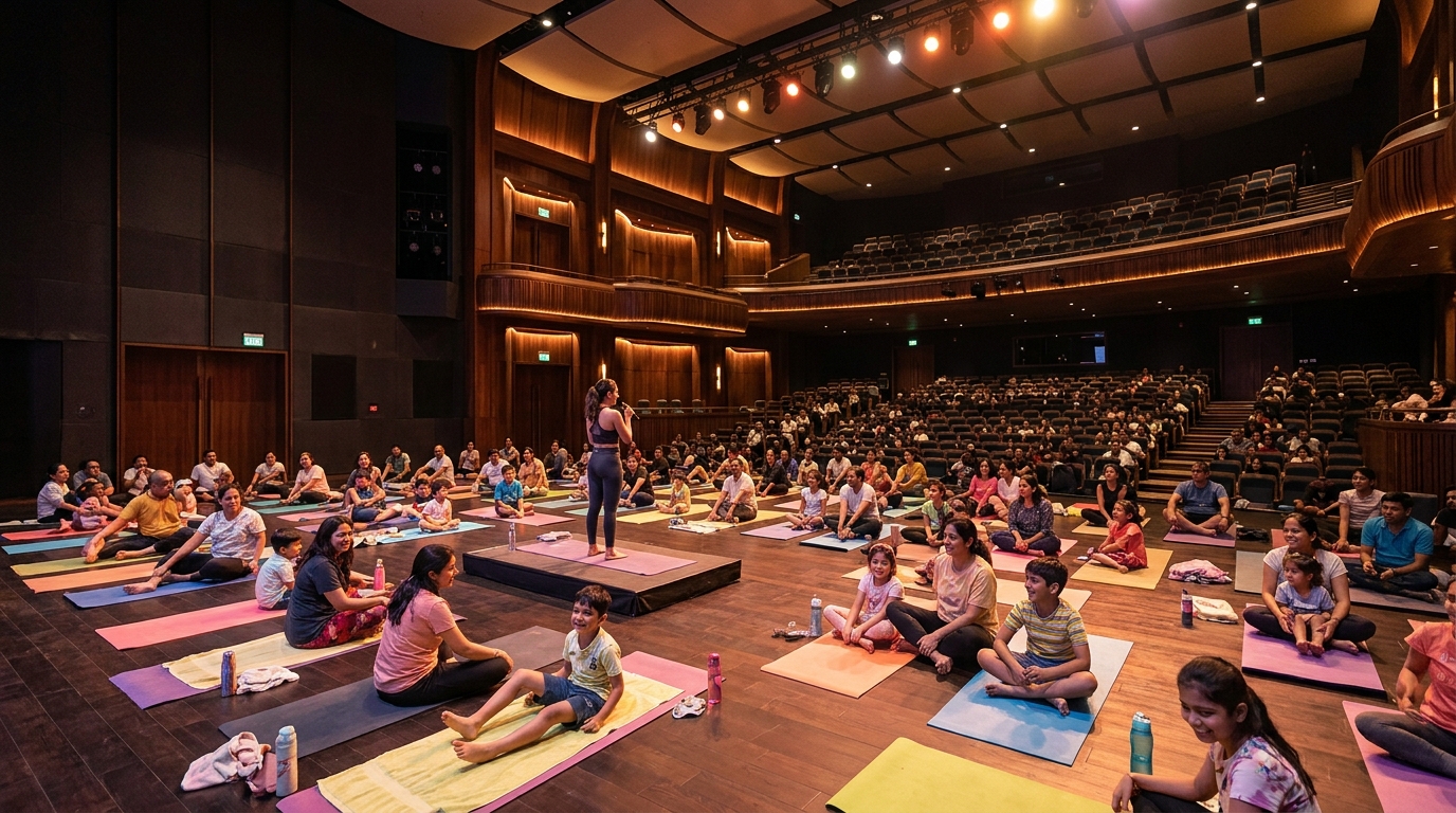 Families participating in a yoga workshop at NMACC's Studio Theatre, with warm lighting and stage design.