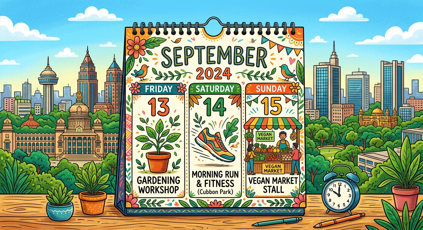 September 2026 eco market calendar for Bengaluru with gardening, fitness, and vegan icons.