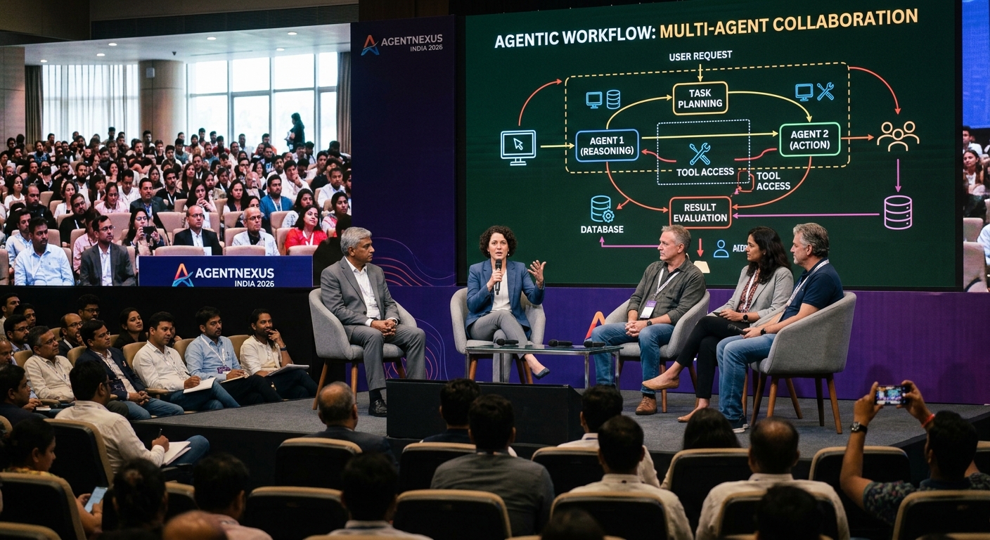 AgentNexus India 2026 conference session on AI agents at C V Vishveshwara Auditorium.