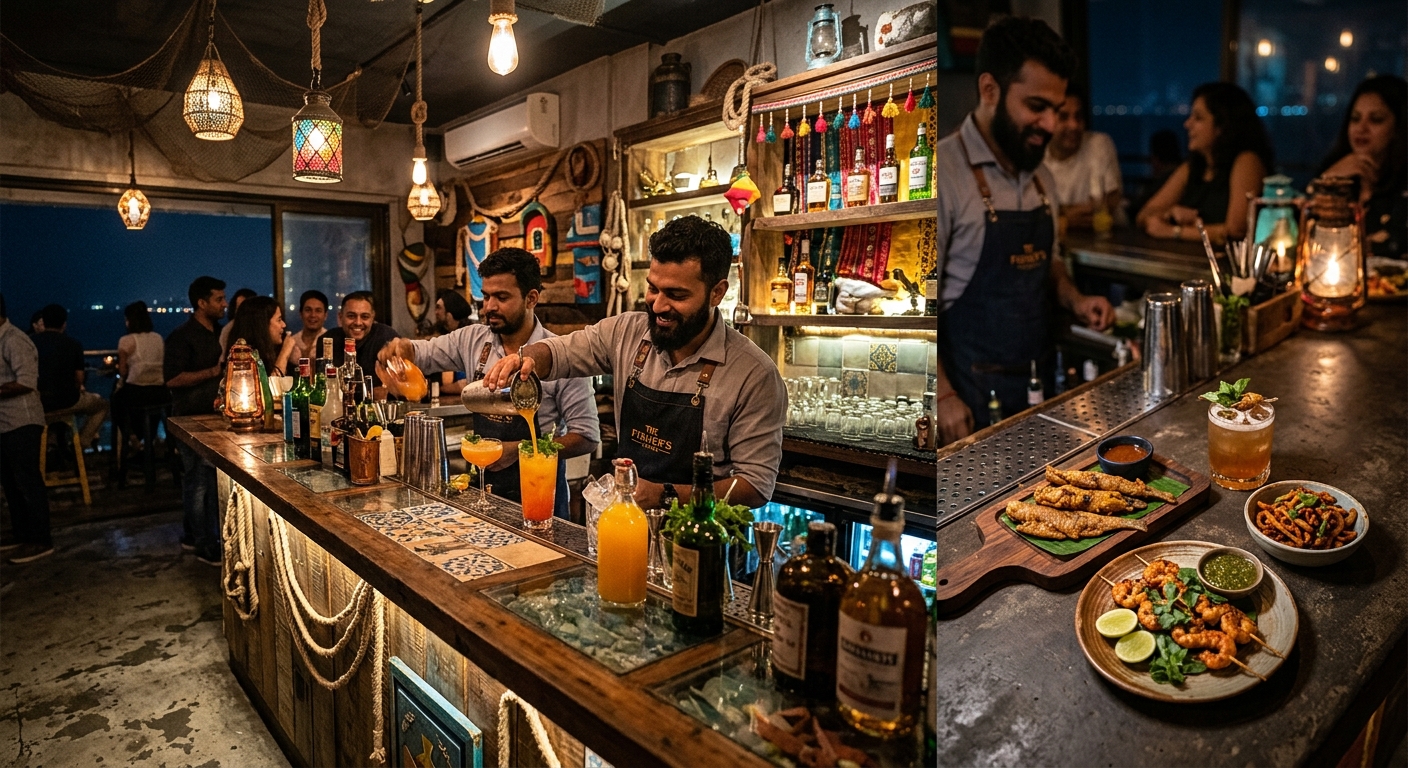 Koliwada Cocktail Club Worli bar counter with coastal-themed cocktails