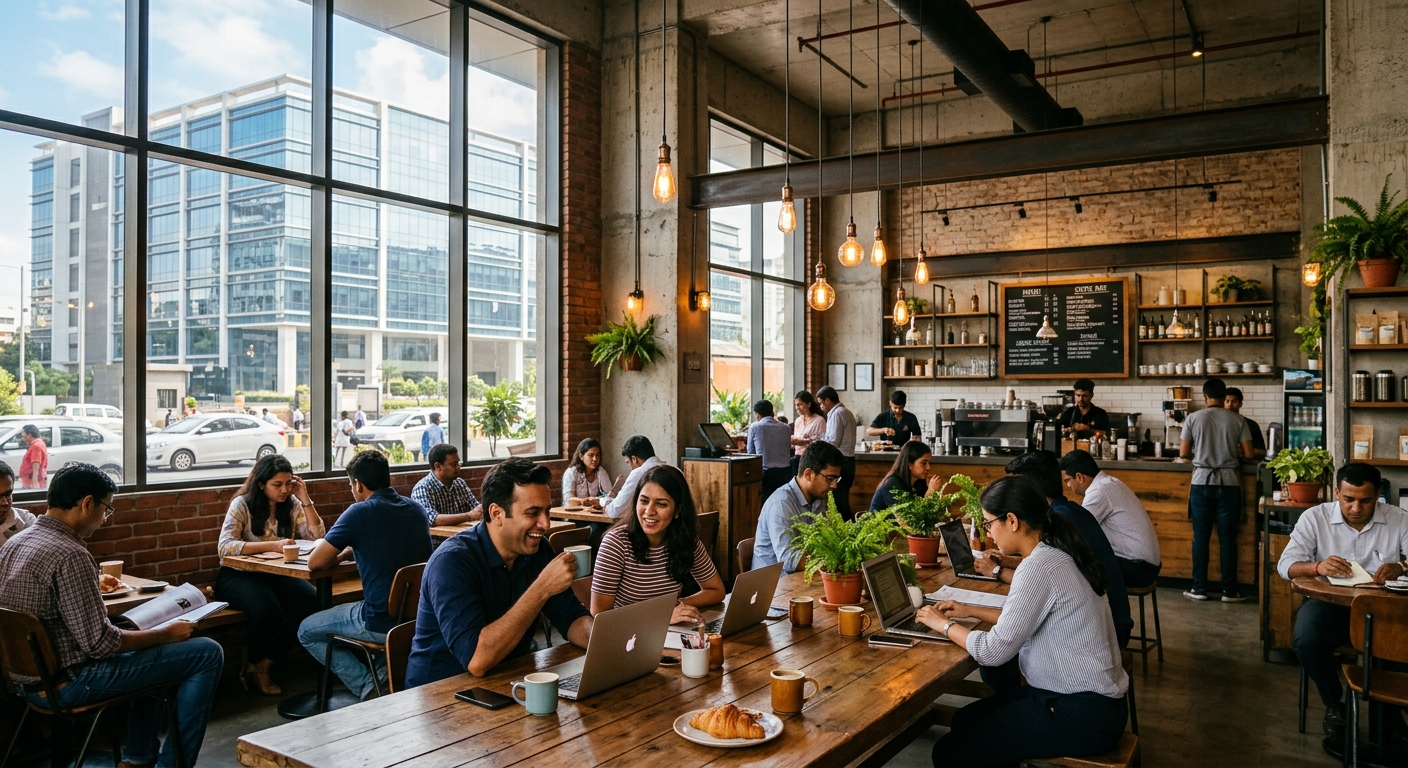 Interior of a stylish cafe with patrons and office building view