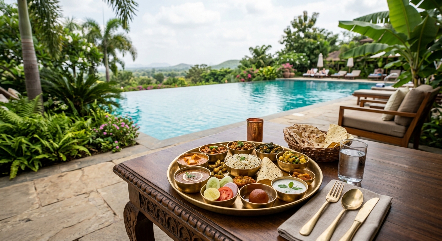 Pure vegetarian meal enjoyed poolside at an Indore restaurant