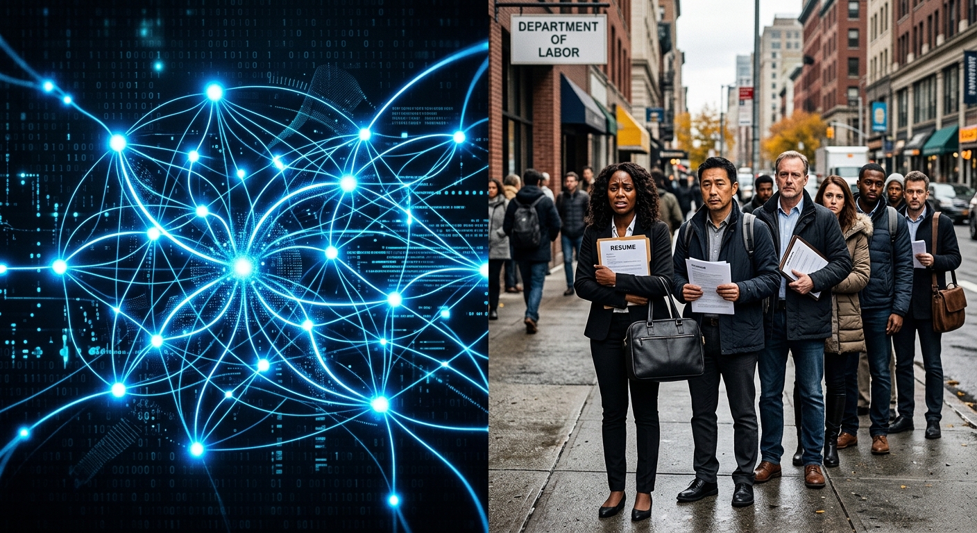AI neural network contrasted with laid-off tech workers