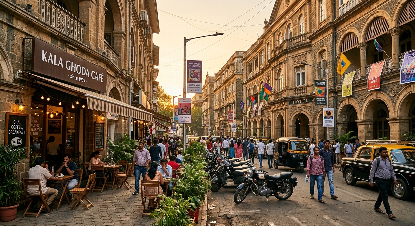 Kala Ghoda street with a cafe and heritage architecture