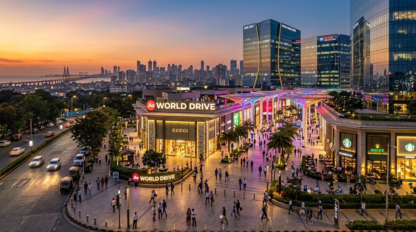 Skyline of Bandra Kurla Complex at dusk with office towers and Jio World Drive