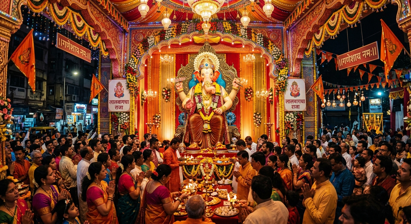 Illuminated Ganesh pandal in Mumbai during Ganesh Chaturthi