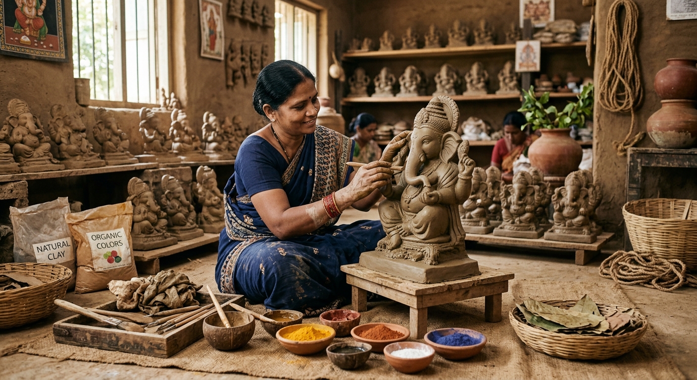 Artisan making an eco-friendly clay Ganesha idol