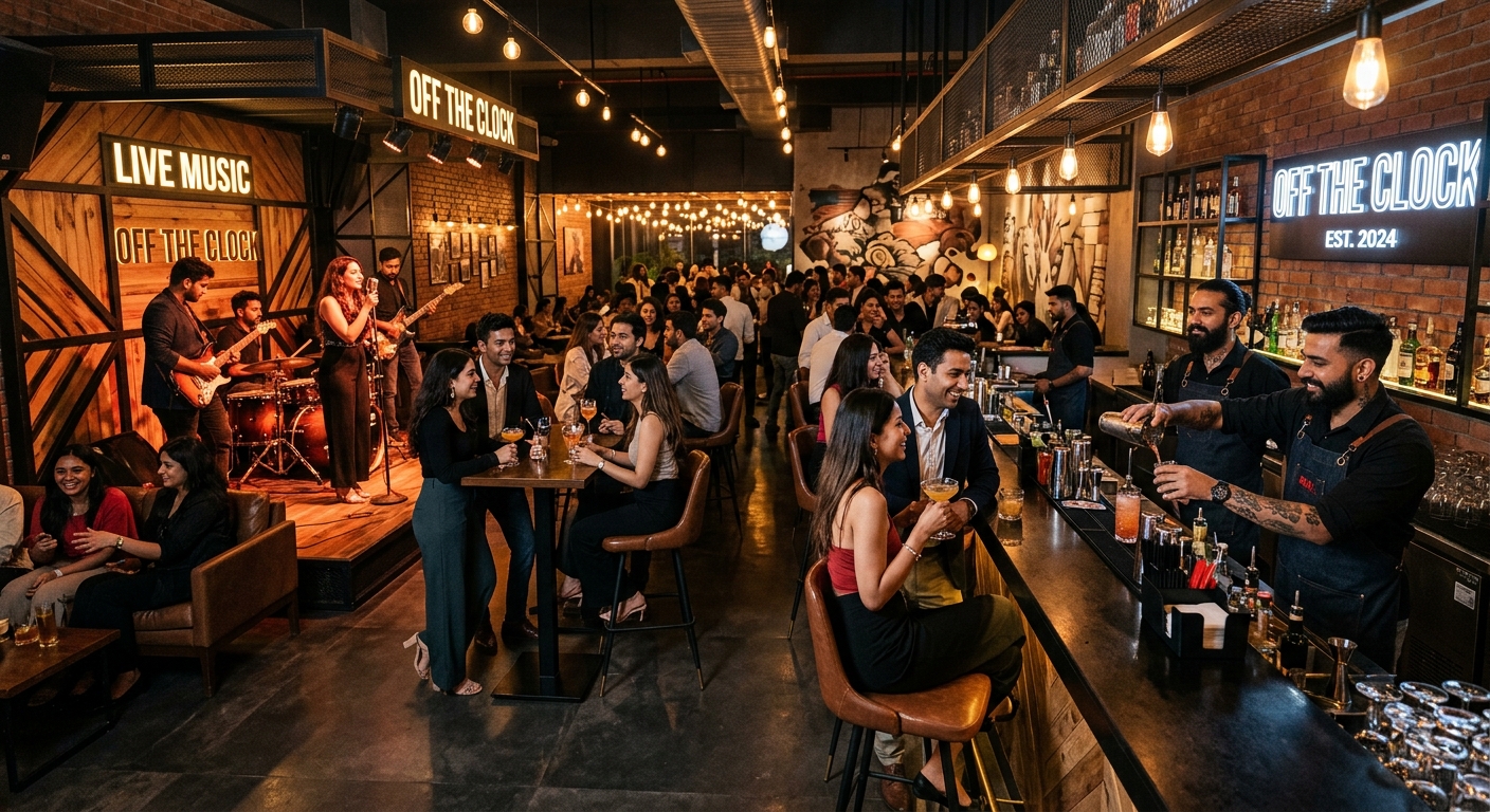 Off the Clock bar interior with live music and cocktails