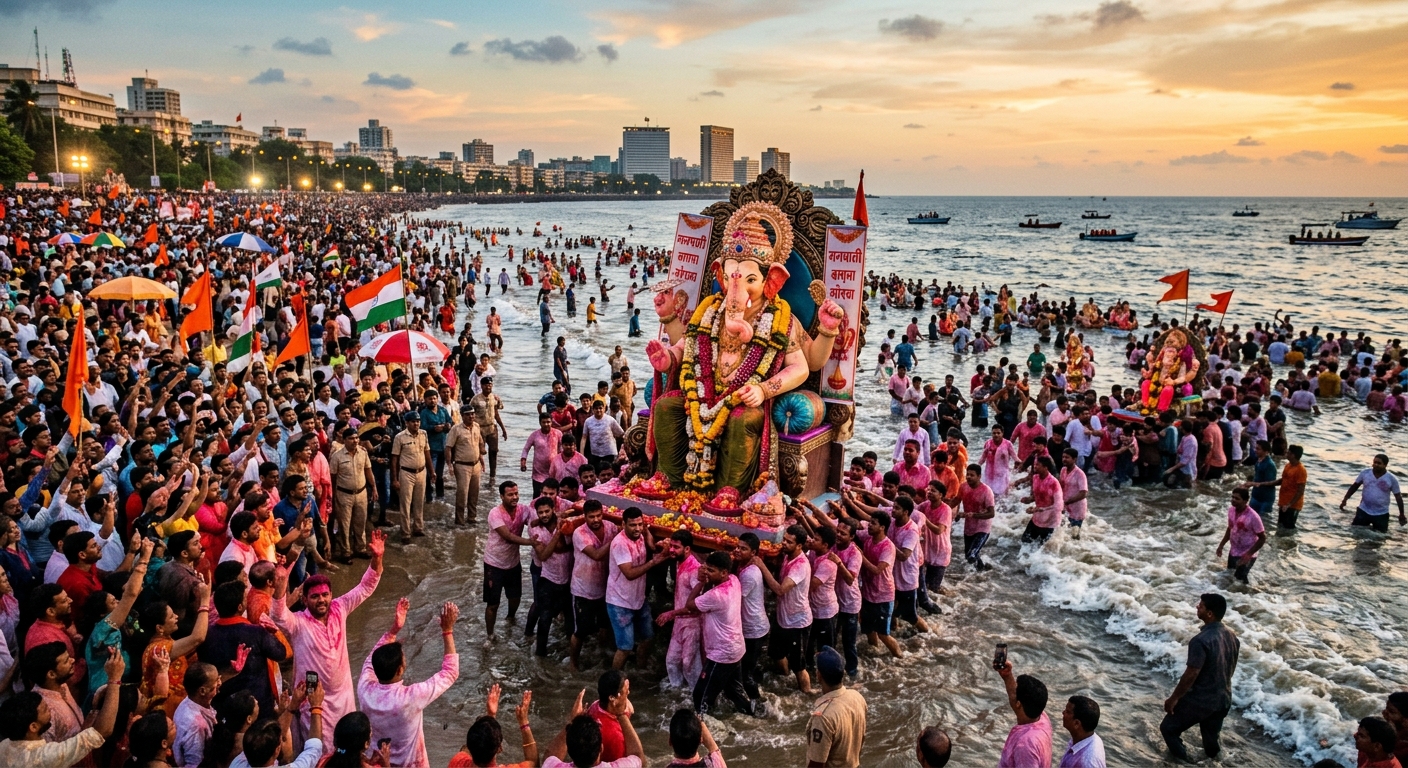 Visarjan procession at Girgaum Chowpatty beach